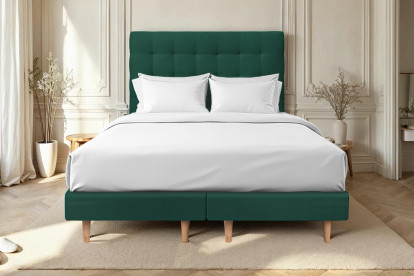 Lit 2x 90x200 cm - Sommier tapissier H29 cm + tête de lit capitonnée - Tissu Velours Vert