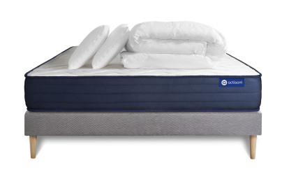 Pack lit complet 160x200 cm - Matelas + Sommier Gris (en kit) + 2 oreillers + Couette - Actimemo Life