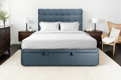 Lit coffre 200x200 cm avec Tête de lit capitonnée - Tissu Bouclette Bleu
