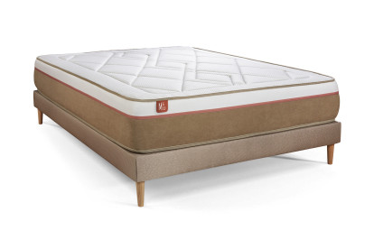 Pack lit complet 140x190 cm - Matelas + Sommier Beige (en kit) + 2 oreillers + Couette - Le Soyeux
