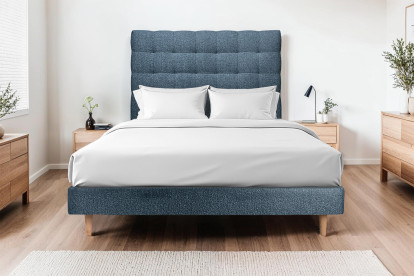 Lit 140x200 cm - Sommier tapissier H29 cm + tête de lit capitonnée - Tissu Bouclette Bleu