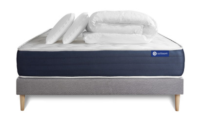 Pack lit complet 140x200 cm - Matelas + Sommier Gris (en kit) + 2 oreillers + Couette - Actiflex Sleep