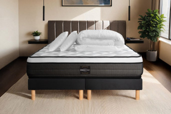 Pack lit complet 160x200 cm - Matelas + 2 Sommiers noirs + 2 oreillers + Couette - Suite