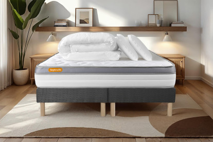 Pack lit complet 180x200 cm - Matelas + 2 Sommiers Gris + 2 oreillers + Couette - Memo Zen