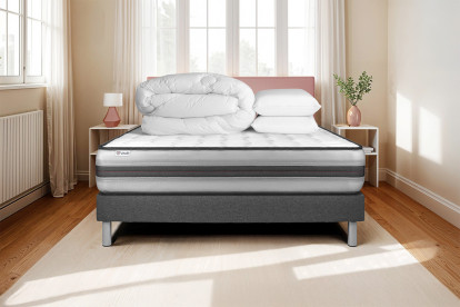 Pack lit complet 140x190 cm - Matelas + Sommier Gris (en kit) + 2 oreillers + Couette - Vitalpower Recover