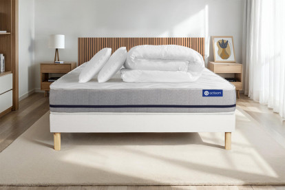 Pack lit complet 200x200 cm - Matelas + Sommier Blanc (en kit) + 2 oreillers + Couette - Actilatex Soft