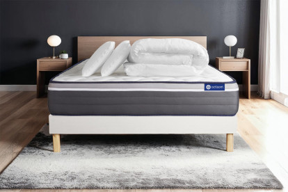 Pack lit complet 140x200 cm - Matelas + Sommier Blanc (en kit) + 2 oreillers + Couette - Actiflex Plus