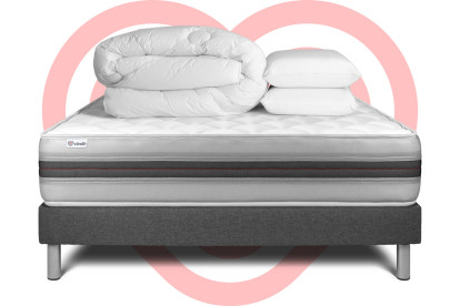 Pack lit complet 160x200 cm - Matelas + Sommier Gris (en kit) + 2 oreillers + Couette - Vitalmemo Back