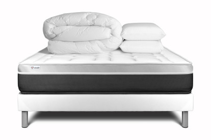 Pack lit complet 140x190 cm - Matelas + Sommier Blanc (en kit) + 2 oreillers + Couette - Vital Soft
