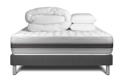 Pack lit complet 140x200 cm - Matelas + Sommier Gris (en kit) + 2 oreillers + Couette - Vitalspring Recover