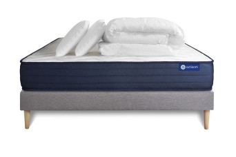 Pack lit complet 140x190 cm - Matelas + Sommier Gris (en kit) + 2 oreillers + Couette - Actiflex Life