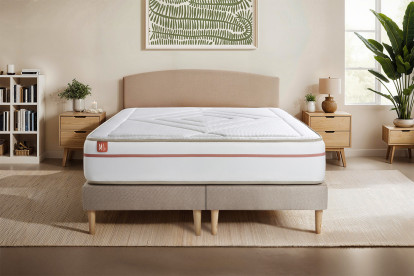 Pack lit complet 180x200 cm - Matelas + 2 Sommiers Beiges + 2 oreillers + Couette - Le Paisible