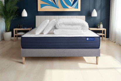 Pack lit complet 140x200 cm - Matelas + Sommier Gris (en kit) + 2 oreillers + Couette - Actiflex Life