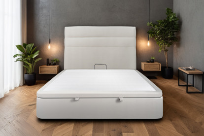 Lit coffre 140x190 cm avec Tête de lit à lignes - Tissu Velours Gris Clair