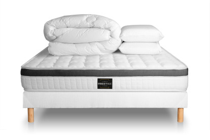 Pack lit complet 160x200 cm - Matelas + Sommier Blanc (en kit) + 2 oreillers + Couette - Supérieur