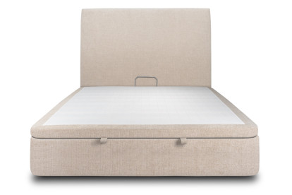 Lit coffre 140x190 cm avec Tête de lit tapissée - Tissu Toile natté Beige Brun