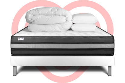 Pack lit complet 200x200 cm - Matelas + Sommier Blanc (en kit) + 2 oreillers + Couette - Vital Power Zen