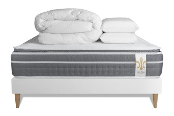 Pack lit complet 200x200 cm - Matelas + Sommier Blanc (en kit) + 2 oreillers + Couette - Trente PLUS