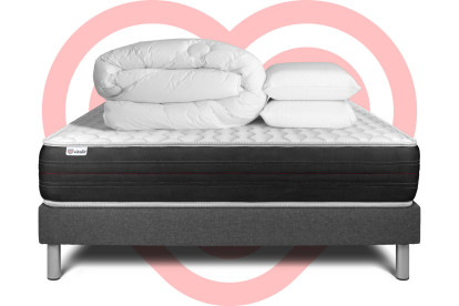 Pack lit complet 140x200 cm - Matelas + Sommier Gris (en kit) + 2 oreillers + Couette - Vitalspring
