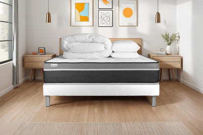 Pack lit complet 160x200 cm - Matelas + Sommier Blanc (en kit) + 2 oreillers + Couette - Vital Care