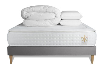 Pack lit complet 140x190 cm - Matelas + Sommier Gris (en kit) + 2 oreillers + Couette - Vingt-Quatre PLUS