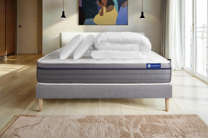 Pack lit complet 140x200 cm - Matelas + Sommier Gris (en kit) + 2 oreillers + Couette - ActiMemo Zen