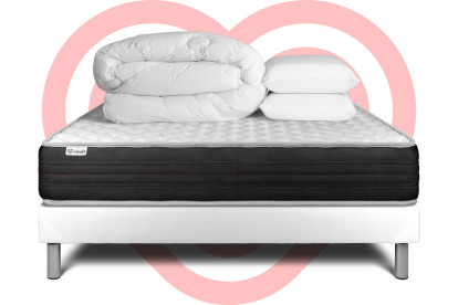 Pack lit complet 180x200 cm - Matelas + Sommier Blanc (en kit) + 2 oreillers + Couette - Vitalmemo One