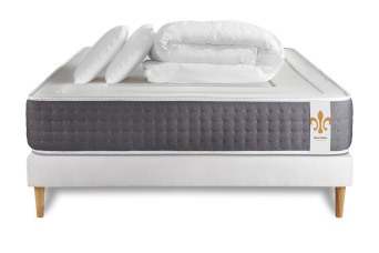 Pack lit complet 140x200 cm - Matelas + Sommier Blanc + 2 oreillers + Couette - Vingt-Six