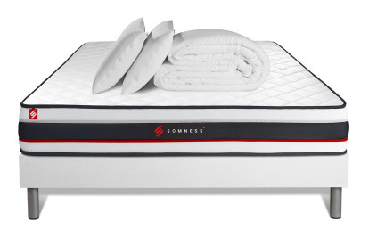 Pack lit complet 140x190 cm - Matelas + Sommier Blanc (en kit) + 2 oreillers + Couette - Form