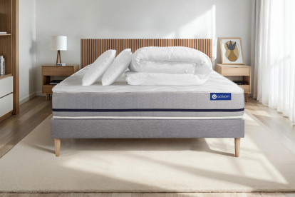 Pack lit complet 160x200 cm - Matelas + Sommier Gris (en kit) + 2 oreillers + Couette - Actilatex Soft