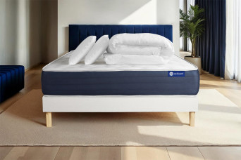 Pack lit complet 160x200 cm - Matelas + Sommier Blanc (en kit) + 2 oreillers + Couette - Actiflex Sleep