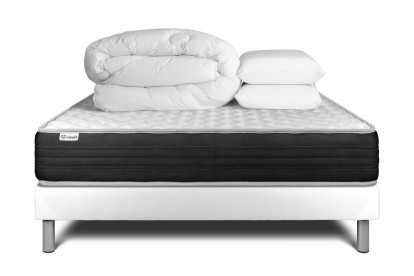 Pack lit complet 140x190 cm - Matelas + Sommier Blanc (en kit) + 2 oreillers + Couette - Vitalmemo One