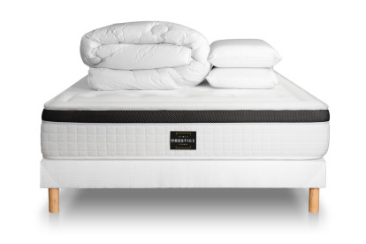 Pack lit complet 140x200 cm - Matelas + Sommier Blanc + 2 oreillers + Couette - Privilège