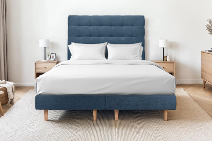 Lit 2x 80x200 cm - Sommier tapissier H29 cm + tête de lit capitonnée - Tissu Toile natté Bleu Océan