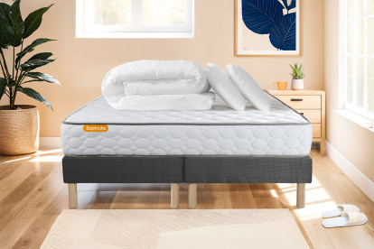 Pack lit complet 160x200 cm - Matelas + 2 Sommiers Gris + 2 oreillers + Couette - Memo