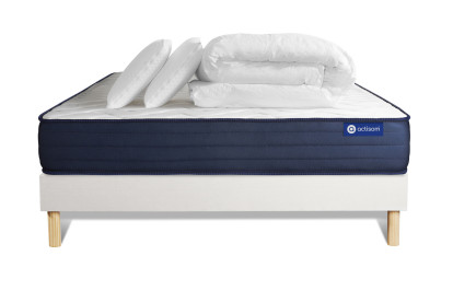Pack lit complet 200x200 cm - Matelas + Sommier Blanc (en kit) + 2 oreillers + Couette - Actiflex Life