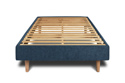 Lit 90x200 cm - Sommier à lattes H29 cm + tête de lit tapissée - Tissu Toile natté Bleu Océan