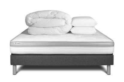 Pack lit complet 140x190 cm - Matelas + Sommier Gris (en kit) + 2 oreillers + Couette - Vital Relax