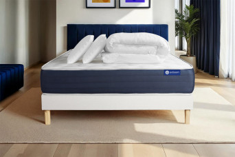Pack lit complet 140x190 cm - Matelas + Sommier Blanc (en kit) + 2 oreillers + Couette - Actimemo Sleep