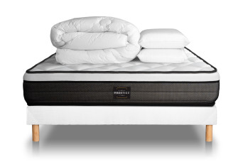 Pack lit complet 140x190 cm - Matelas + Sommier Blanc (en kit) + 2 oreillers + Couette - Suite Pack lit complet 140x190 cm - Matelas + Sommier Blanc (en kit) + 2 oreillers + Couette - Suite