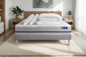 Pack lit complet 140x190 cm - Matelas + Sommier Gris (en kit) + 2 oreillers + Couette - Actimemo Soft