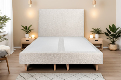 Lit 2x 100x200 cm - Sommier tapissier H35 cm + tête de lit tapissée - Tissu Bouclette Beige Clair