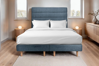 Lit 2x 100x200 cm - Sommier tapissier H29 cm + tête de lit à lignes - Tissu Bouclette Bleu