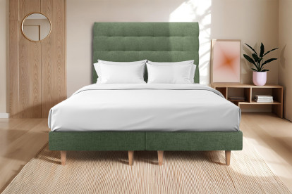 Lit 2x 100x200 cm - Sommier tapissier H29 cm + tête de lit capitonnée - Tissu Toile natté Vert Kaki