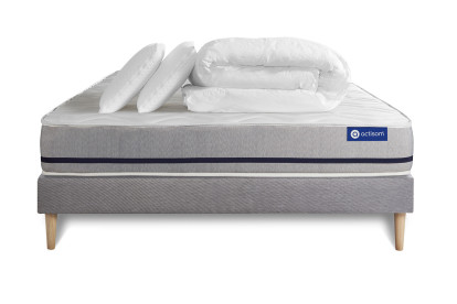 Pack lit complet 140x190 cm - Matelas + Sommier Gris (en kit) + 2 oreillers + Couette - Actiflex Soft