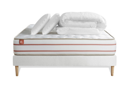 Pack lit complet 160x200 cm - Matelas + Sommier Blanc (en kit) + 2 oreillers + Couette - Le Doux