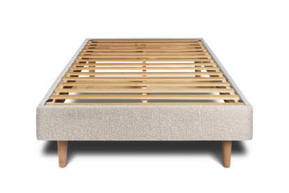 Lit 90x190 cm - Sommier à lattes H29 cm + tête de lit à lignes - Tissu Bouclette Beige Clair