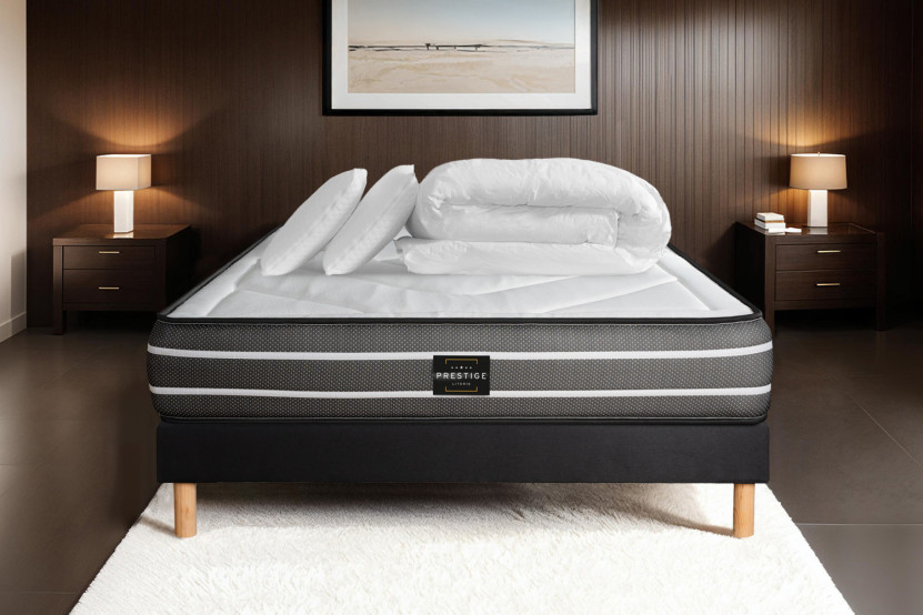 Pack lit complet 200x200 cm - Matelas + Sommier Noir (en kit) + 2 oreillers + Couette - Exclusive