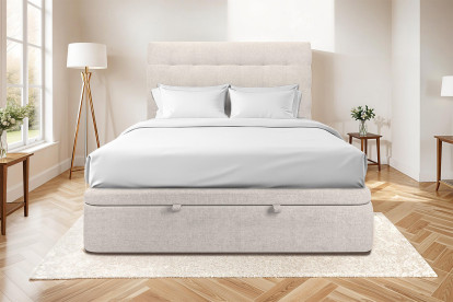 Lit coffre 200x200 cm avec Tête de lit capitonnée - Tissu Toile natté Beige Clair